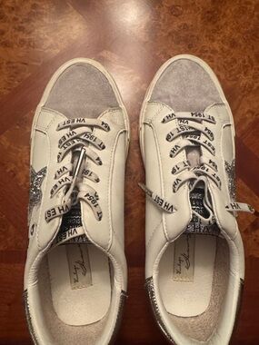 Vintage Havana White Sneakers with Gray Suede Toe and Silver Glitter Star